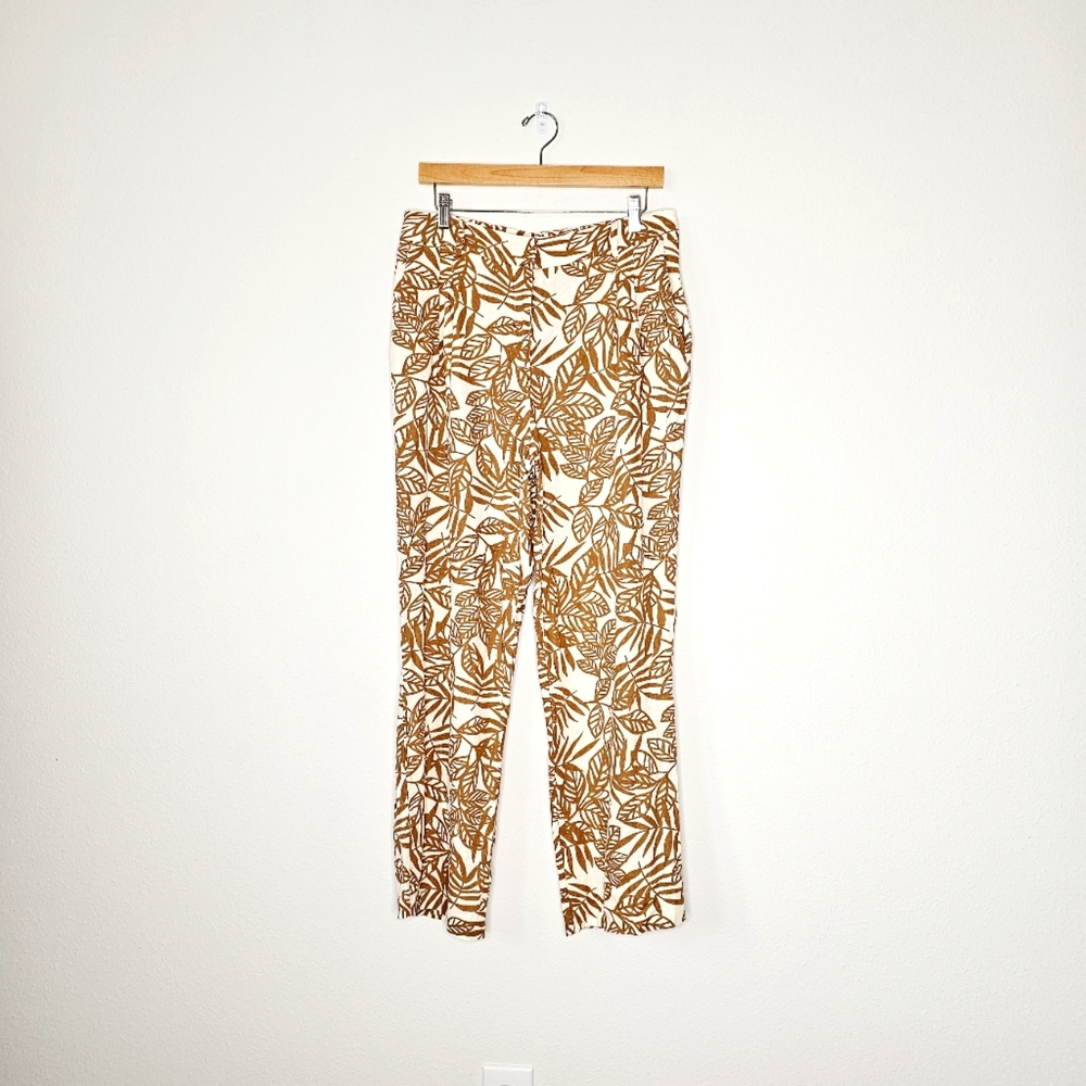 House of Harlow 1960 Cream | Tan Leaf Print Linen Pleated Straight Pants 10 - Picture 1 of 7
